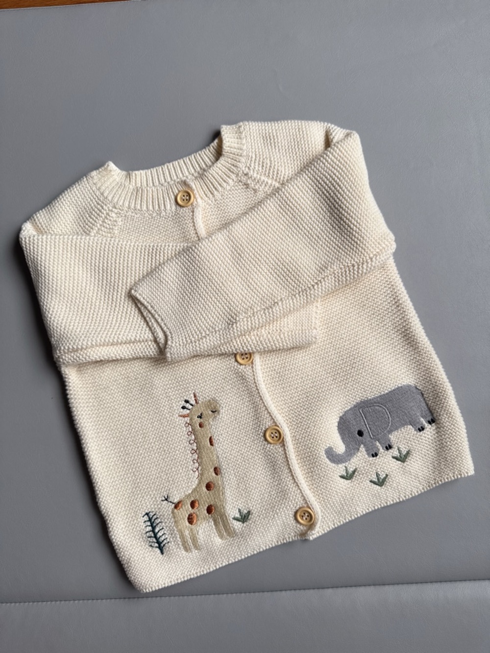 Cream Baby Cardigan with Giraffe & Elephant Embroidery